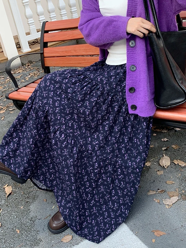 

Фиолетовая юбка миди А-силуэта с цветочным принтом и высокой талией, женская, весенне-осенняя, модный дизайн, скрывающая бедра, пышная юбка