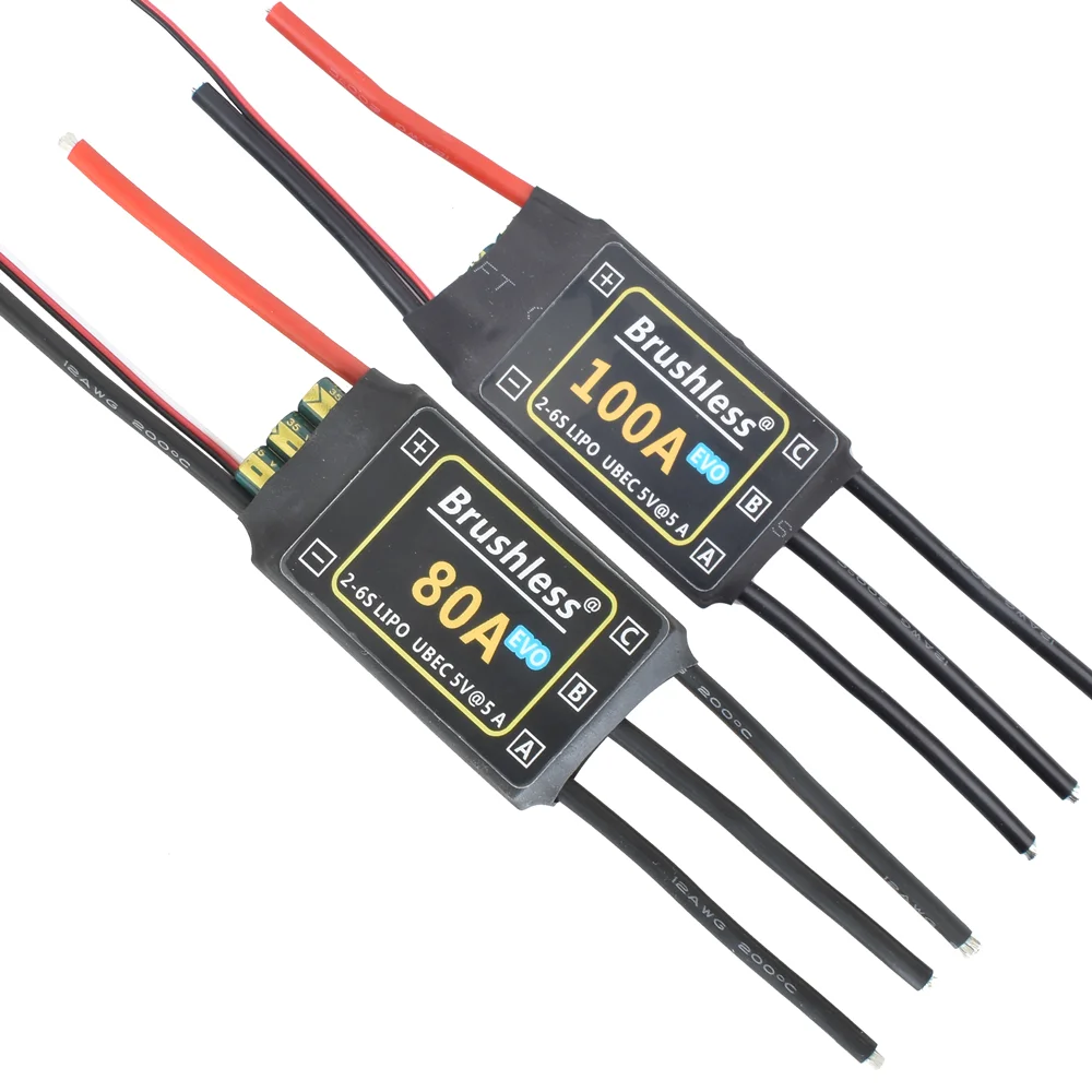 

HV Brushless 80A 100A EVO ESC 2-6S Lipo Battery 5A/5V UBEC Output Quadcopter Aircraft FixedWing Multi-axis Drone