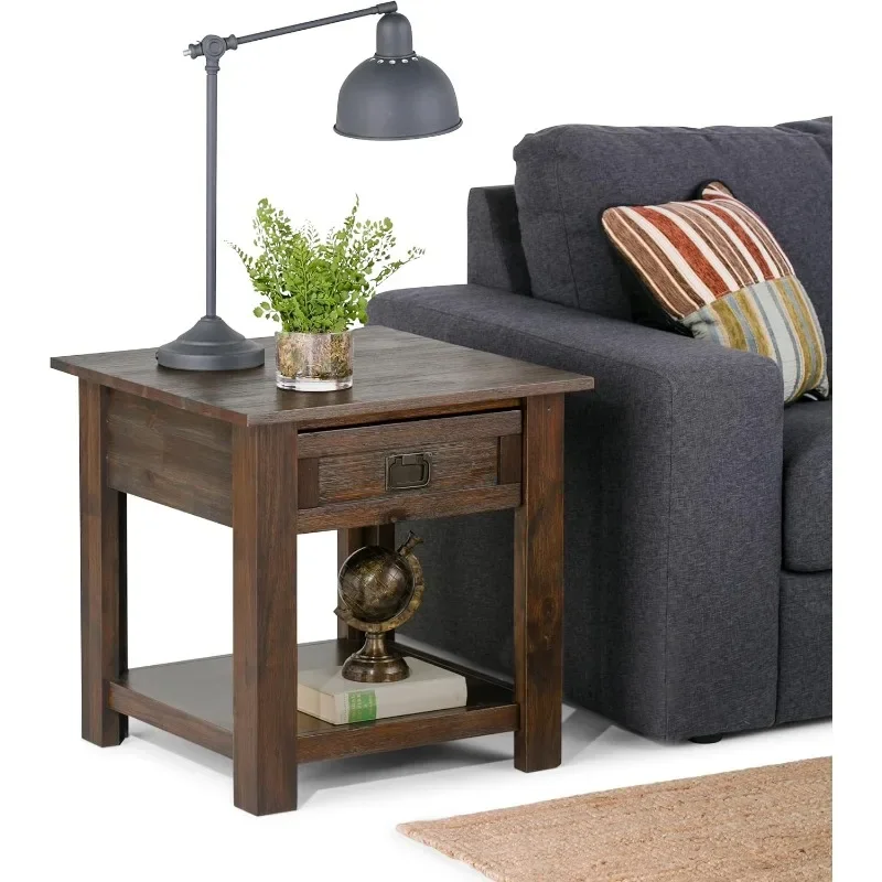 Monroe Solid Acacia Wood 22 inch wide Square Rustic End Side Table in Distressed Charcoal Brown with Storage Living Room Bedroom