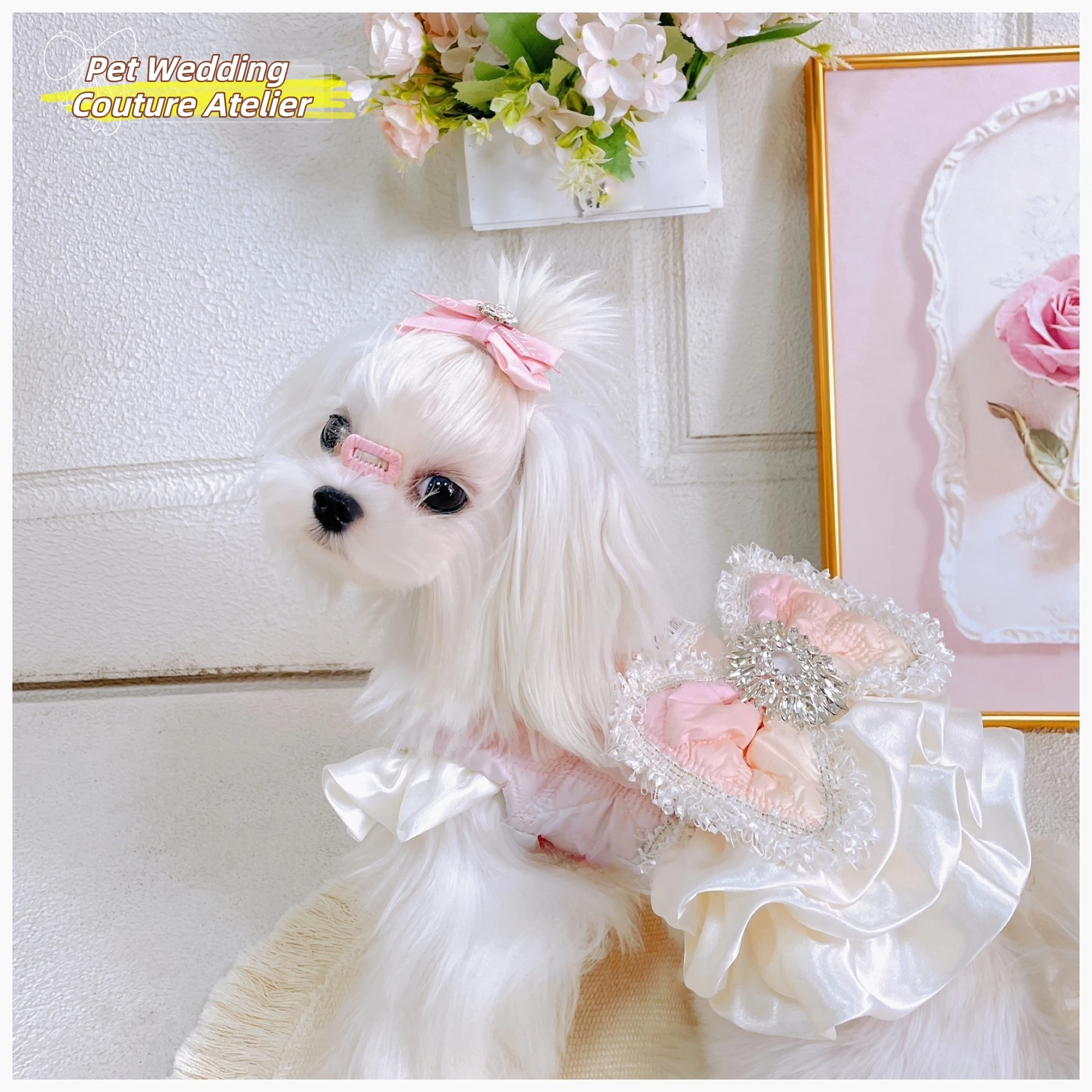 

Pet Dog Clothes Custom-Made Exquisite Luxurious Design Pink Bow Tie Pet Dress Winter Thickened Version Brand Dog Formal Dress