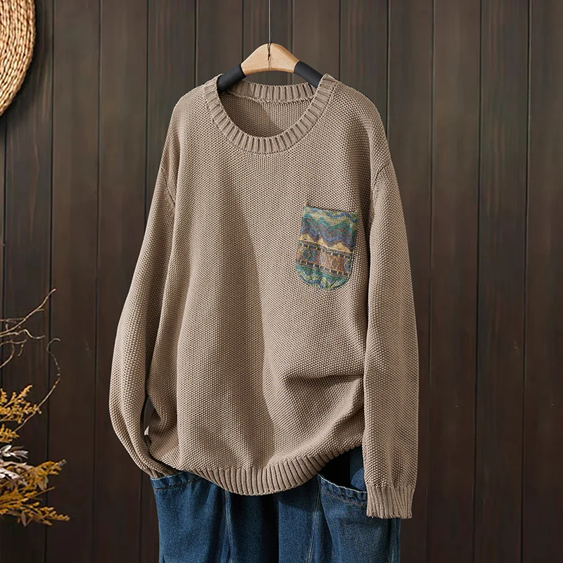 Maglione di cotone lavorato a maglia da donna Primavera Autunno Nuovo Sle Casual rotondo Ne Loose Fit Patch di grandi dimensioni ket Design floreale