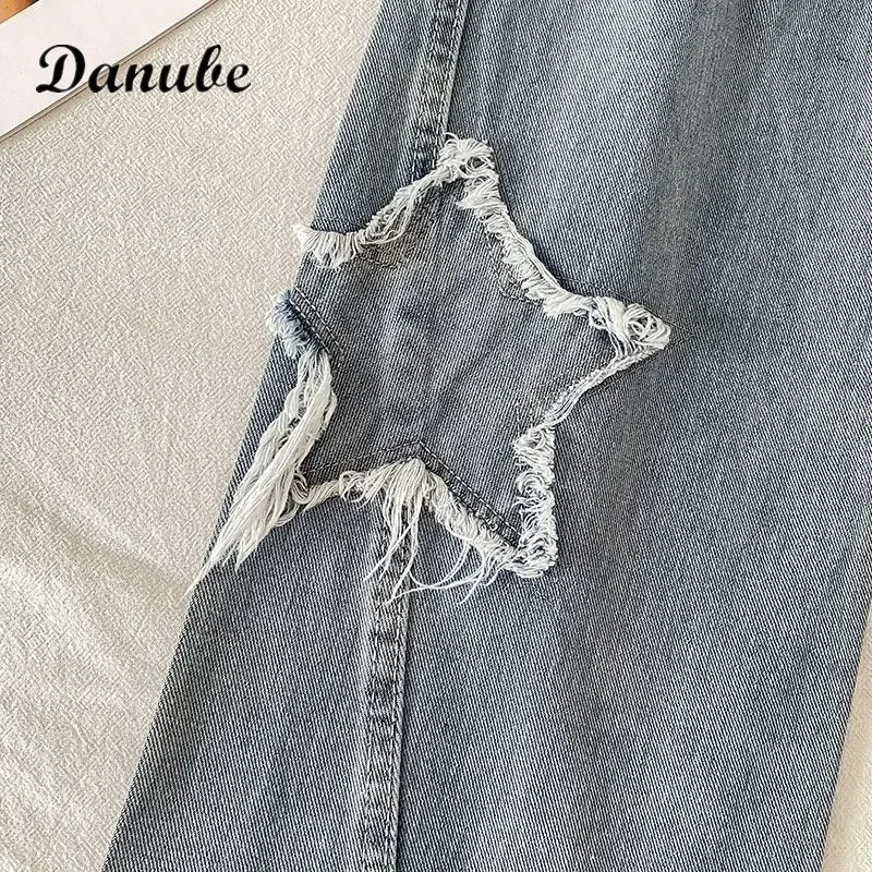 Streetwear Star Blue Jeans Women Vintage Korean Y2k High Waist Oversize Straight Trousers Female Casual Loose Grunge Denim Pants