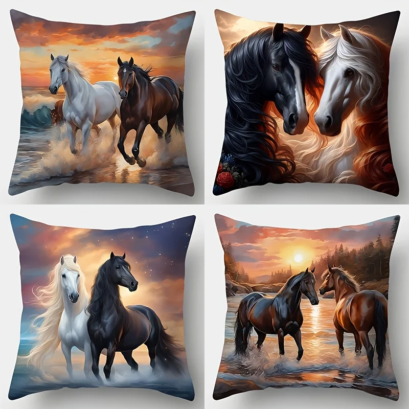 Set of 4 Printed Horse Head Pillow Covers Cushion Throw Polyester Realistic Equestrian Decor Home Art Gift for Lovers