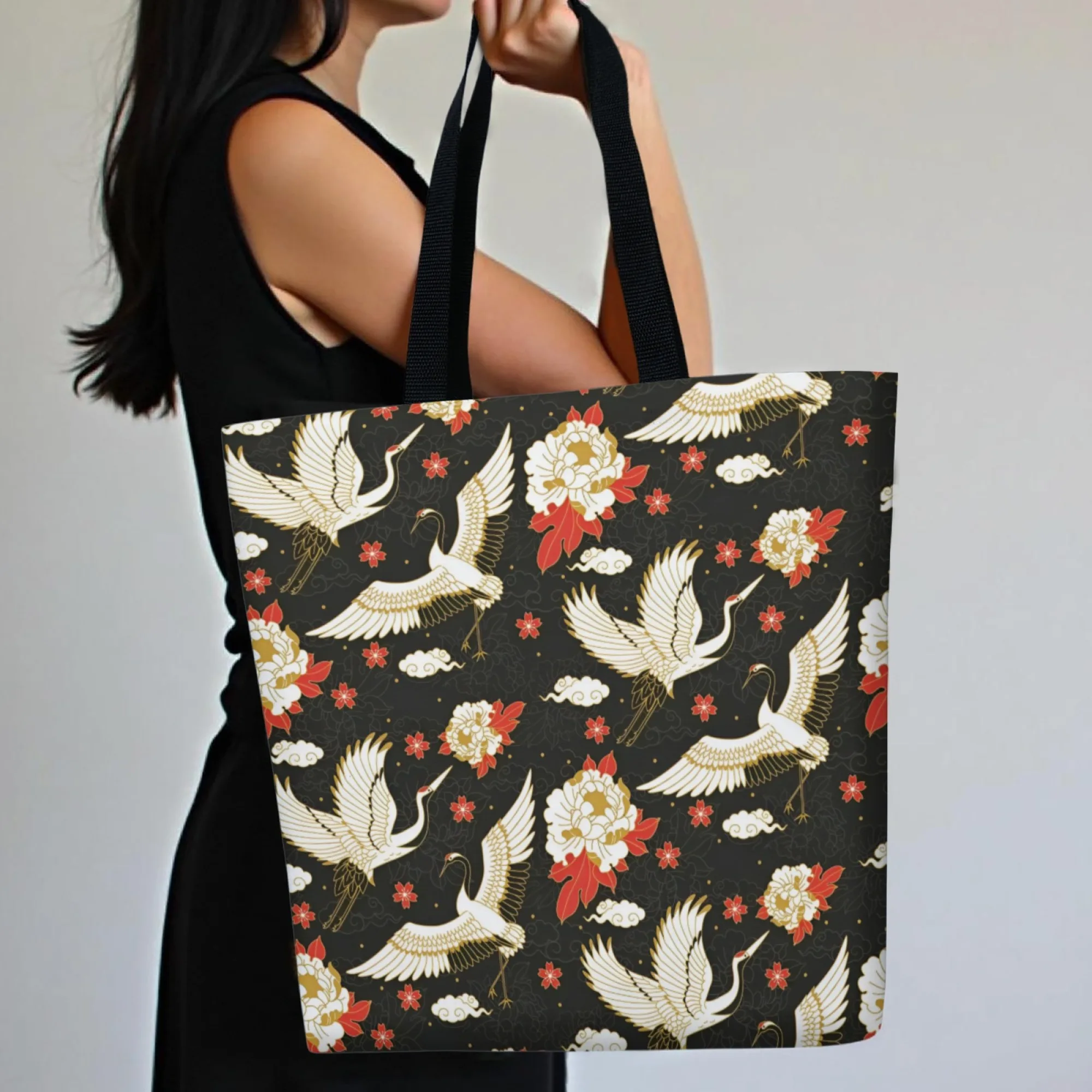 Bolsa tote japonesa tradicional ukiyoe com padrão de guindaste, bolsa de ombro reutilizável de lona, presente para amantes da arte popular e entusiastas da cultura