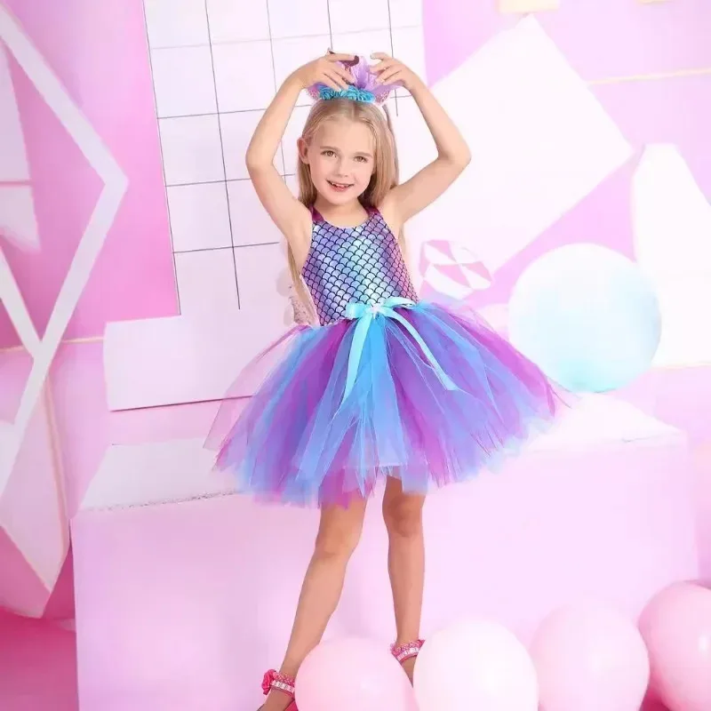Little Mermaid Princess Dresses for Girls Kids Tutu Dress for Mermaid Birthday Party Costumes Halloween Clothes Set for Children