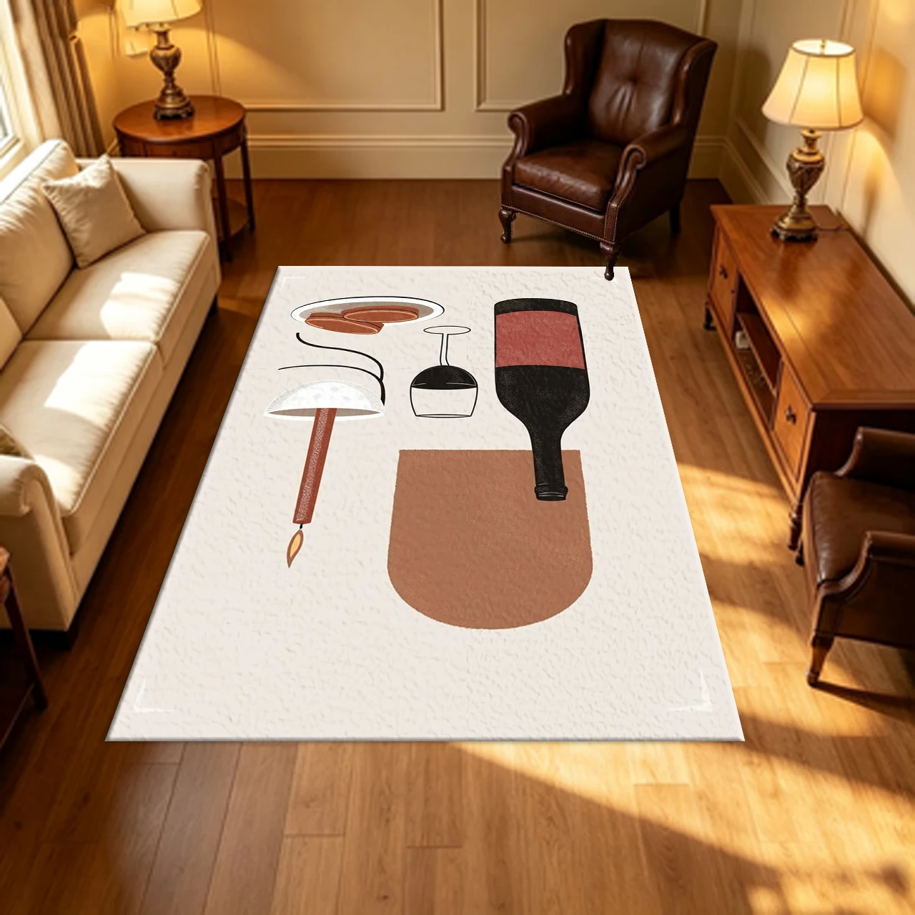 Boho Minimalist Wine Bottle Wine Glass Candle Dessert Illustration Carpet Flooring Neutral Beige Tone Household Indoor Decor Area Rug