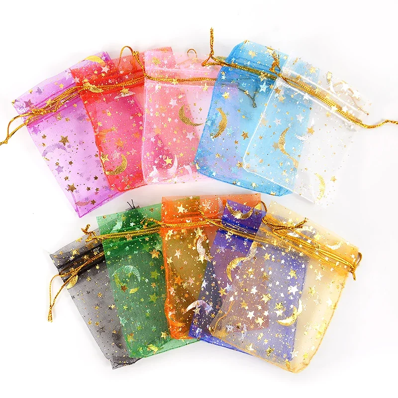 50Pcs Moon Star Drawstring Organza Bags Ramadan Decoration Eid Mubarak Gift Packaging Charm Jewelry Pouch Wedding Party Supplies