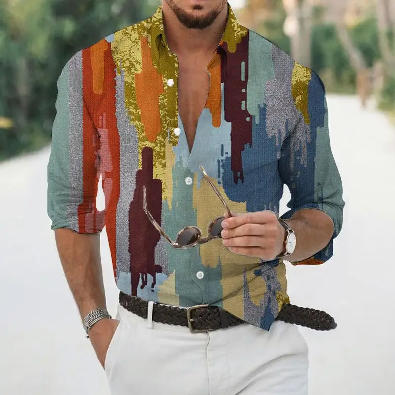 

Men's Long Sleeve Printed Shirt Graffiti 3D Print Stand Collar Casual Fashionable Autumn New Style Cross-Border Hot Sale