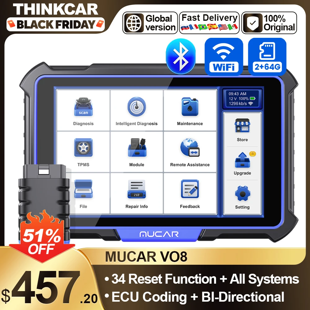 MUCAR VO8 Car Scan Tool OBD2 Scanner Bluetooth 34 Resets ECU Coding All Systems Car Diagnostic Scanner Wireless Diagnostic Tool