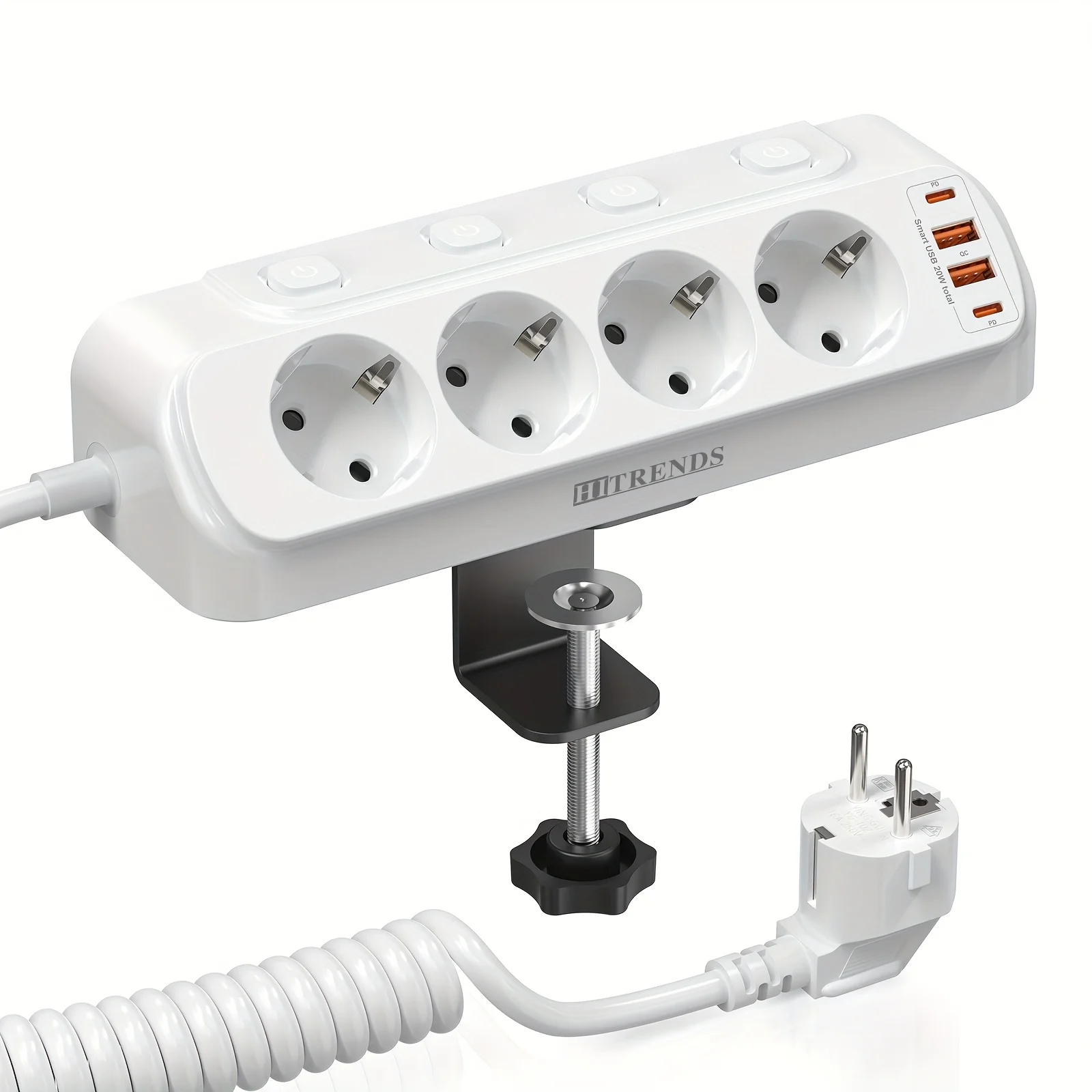 

Настольная розетка с портом USB-C (быстрая зарядка PD 20 Вт), 4 розетки с индивидуальными выключателями, настенная конструкция, защита от перенапряжения