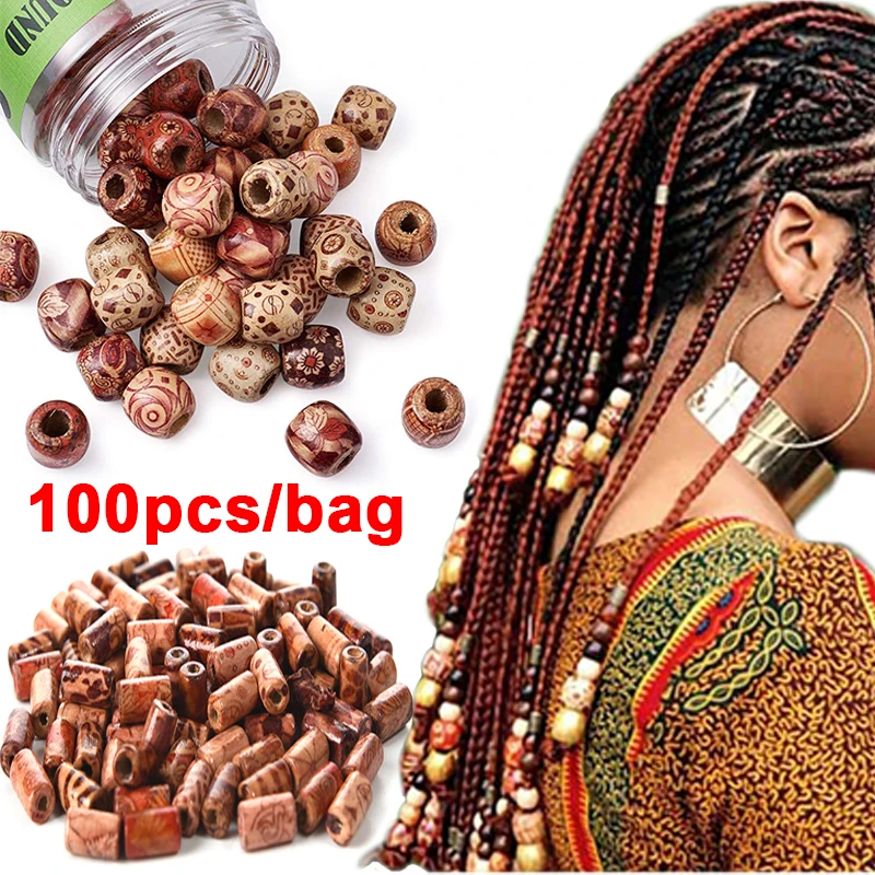 100pcs/bag Vintage Wooden Loose Beads For Hair Braids Bracelet Charms Dreadlock Ring Hair Bead Stylish DIY Jewelry Accessories