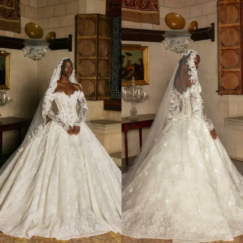 

Gorgeous Off Shoulder Ball Gown Wedding Dresses Long Sleeve Lace Appliques Bridal Gowns Vestidos De Novia Custom Made