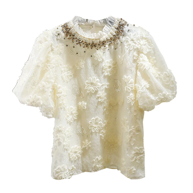 Fashionable Heavy Embellished 3D Floral Lace Shirt Women's Bubble Sleeve Slim Fit Design Sensation Top Trendy Casual Style