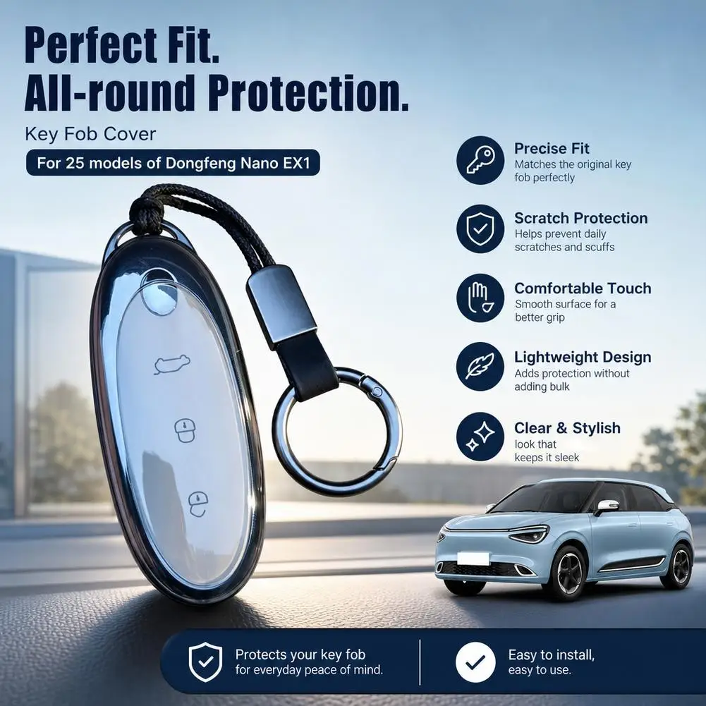 Transparent Car Key Cover TPU Remote Fob Case with Keychain For Dongfeng Nano 01 EX1 Nano BOX 2025 2026 EV Accessories
