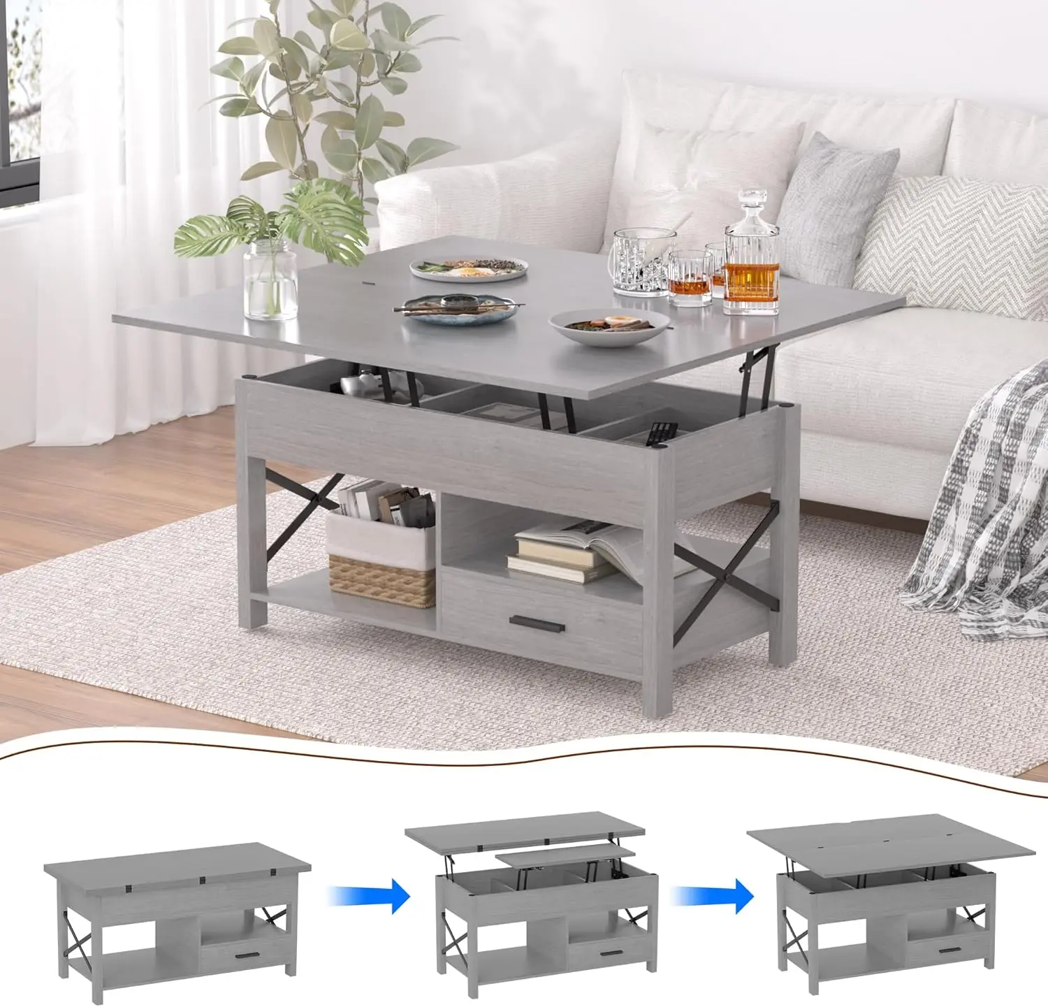 Mesa de centro con tapa elevable multifunción gris: convertible en mesa de comedor con cajones de almacenamiento, compartimentos ocultos