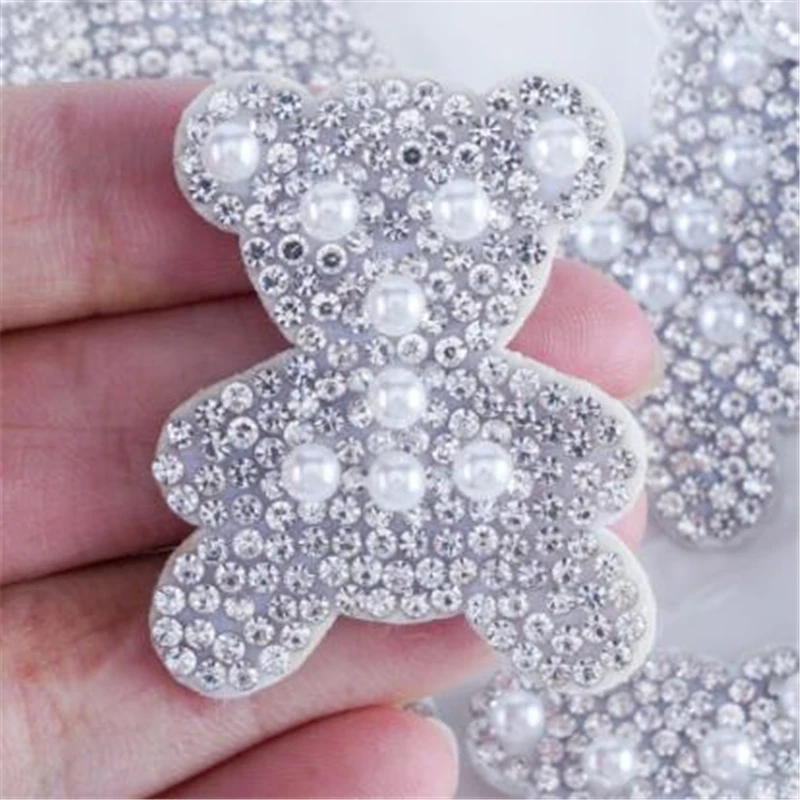 5pcs Little Bear Rhinestone Patches Glue on Patch for Clothing DIY Hand Embroidery Applique T-shirt Jacket Deco