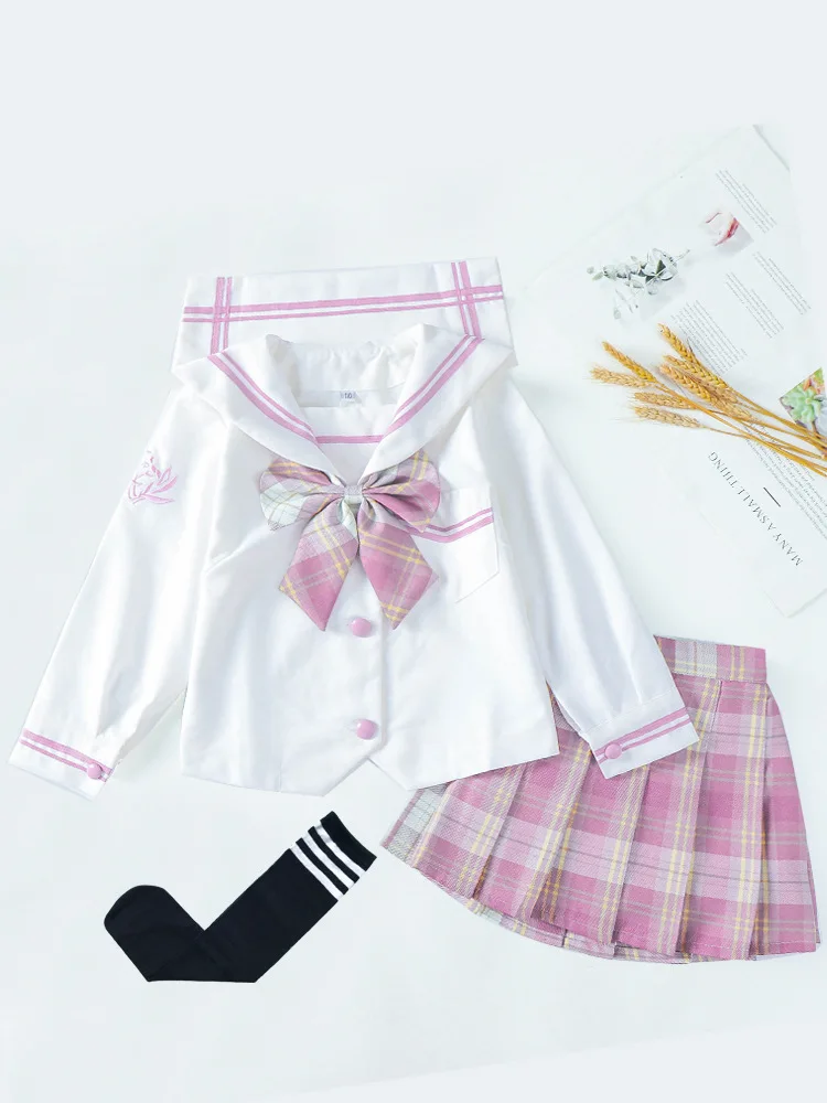 4pcs 2025 autumn spring sailor T shirt blouse + jk pleated skirt +bowknot +socks toddler girls cotton teenager children 12 year