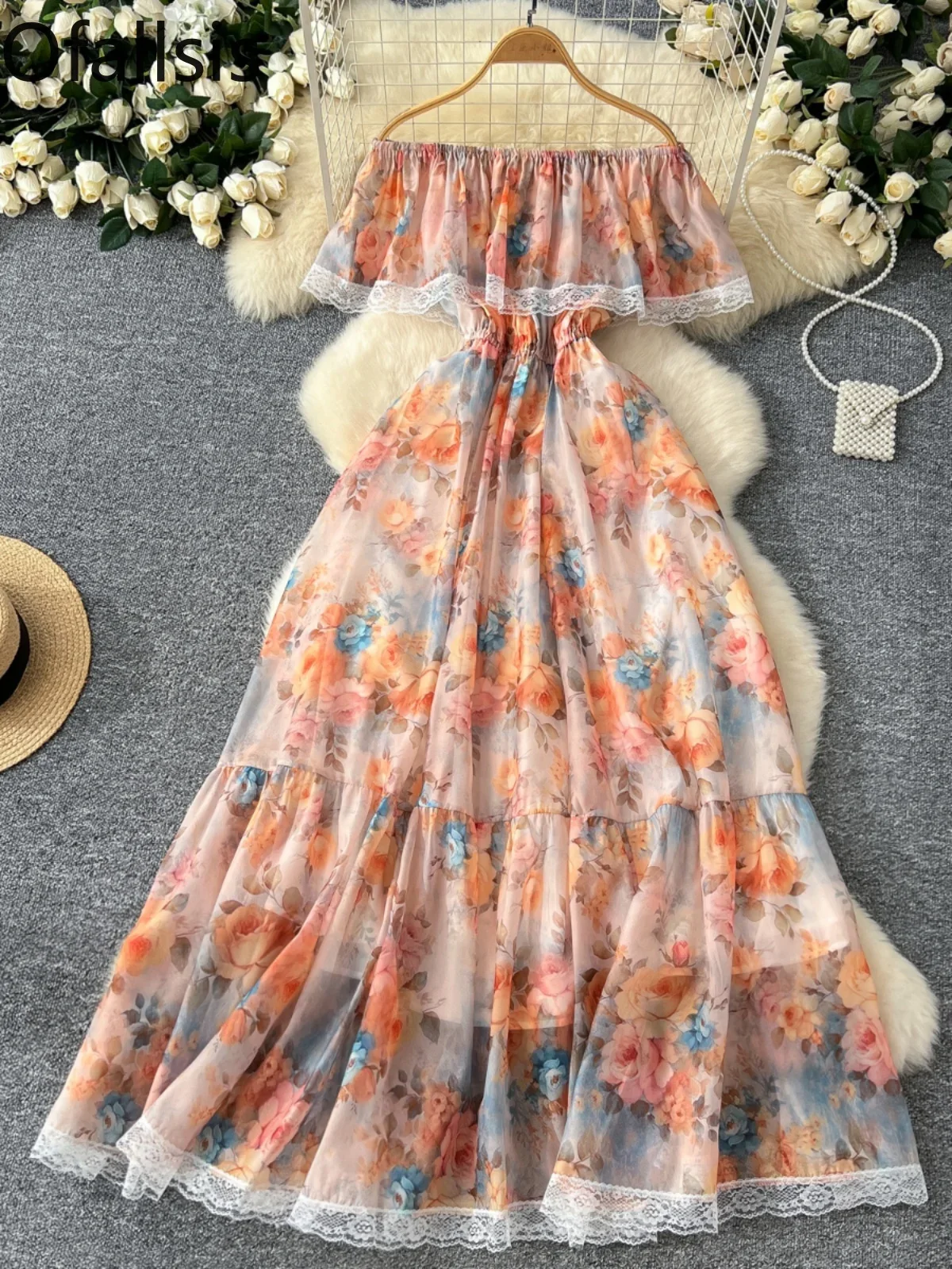 Ofallsis Black Vacation Luxury One Shoulder Lotus Leaf Edge Dress 2024 Autumn New Lace Waist Slim Large Swing Printed Dresses