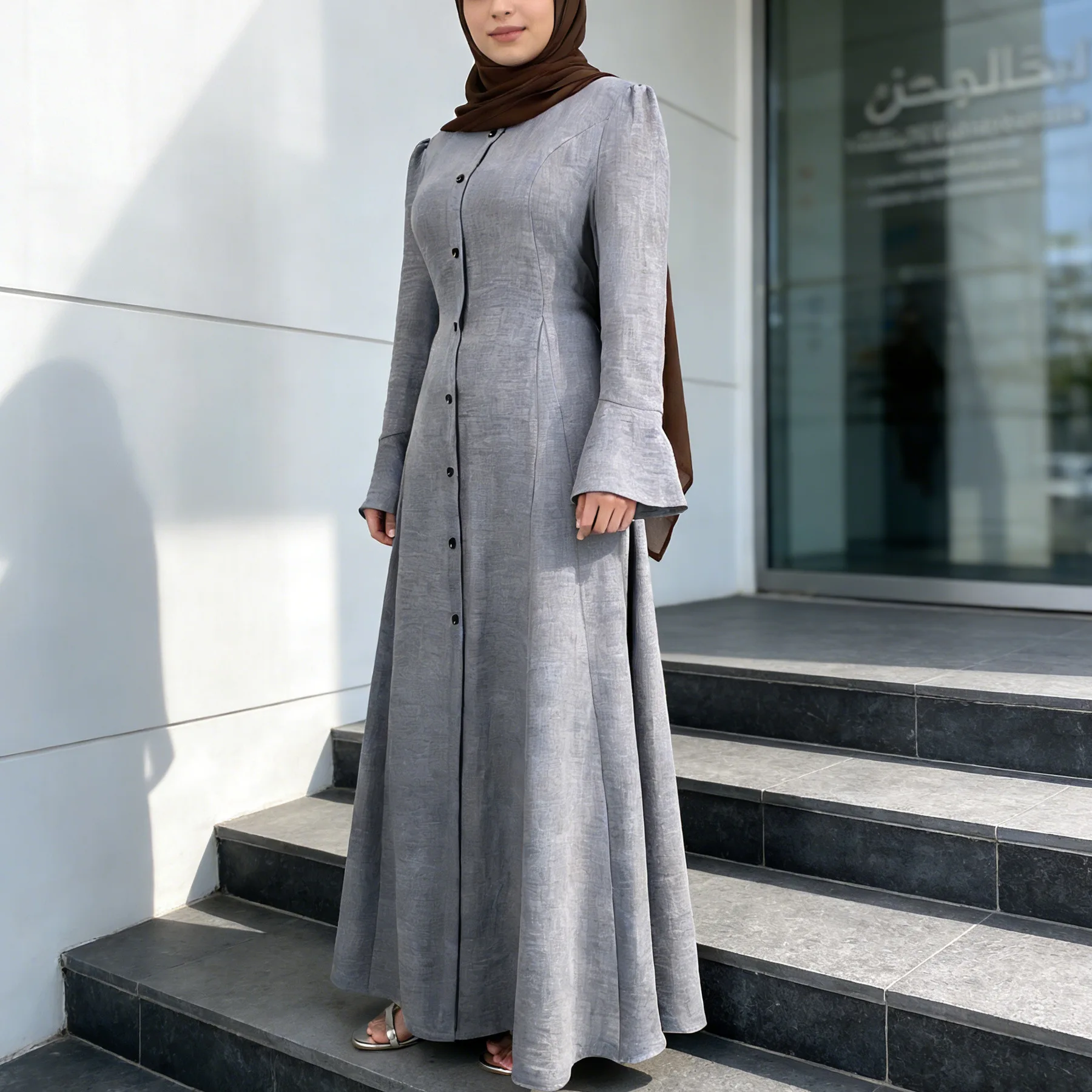 

Middle East 2026 New Fashion Women's Solid Color Single-breasted Long Flare Sleeve O-neck Ankle Length Casual Trendy Abaya Dress