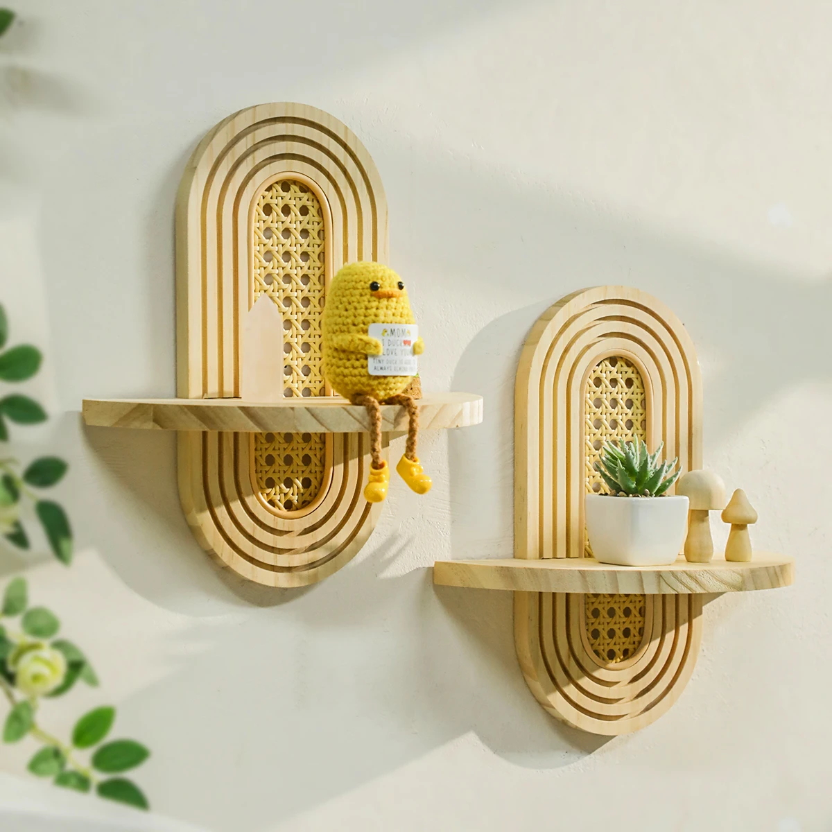 1 Stück schwebendes Regal aus Holz, Wandregal mit Rattan-Inlay, rustikaler Boho-Stil, Pflanzenständer für Schlafzimmer, Wohnzimmer, Heimdekoration
