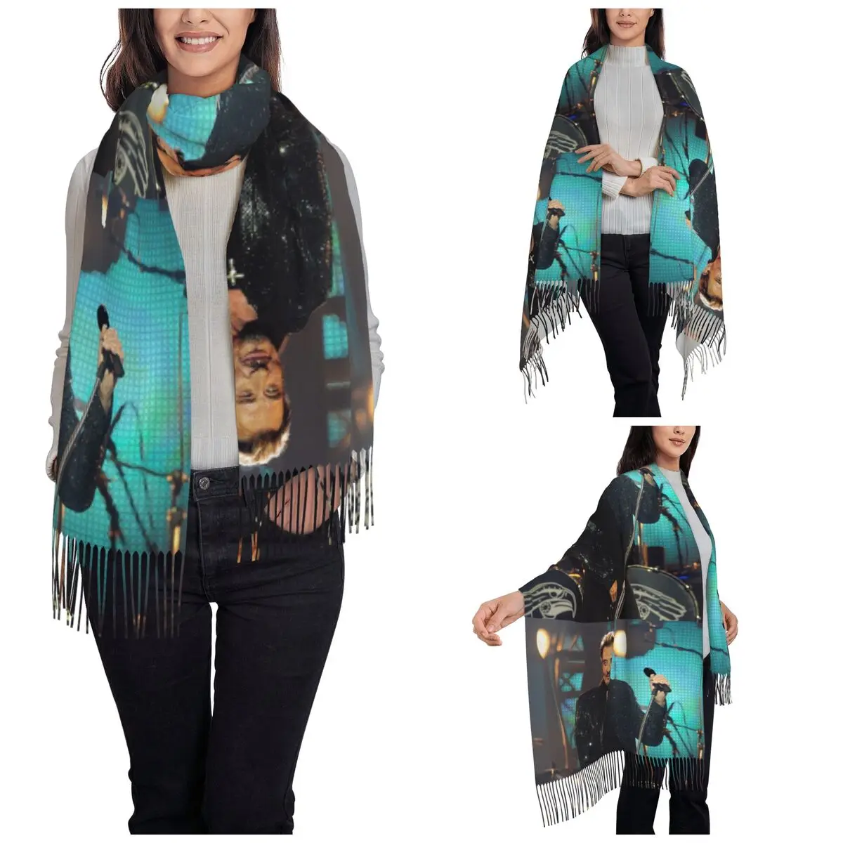 Womens Tassel Scarf Johnny Hallyday Singer Long Winter Fall Shawl Wrap Fashionable Gifts Cashmere Scarf