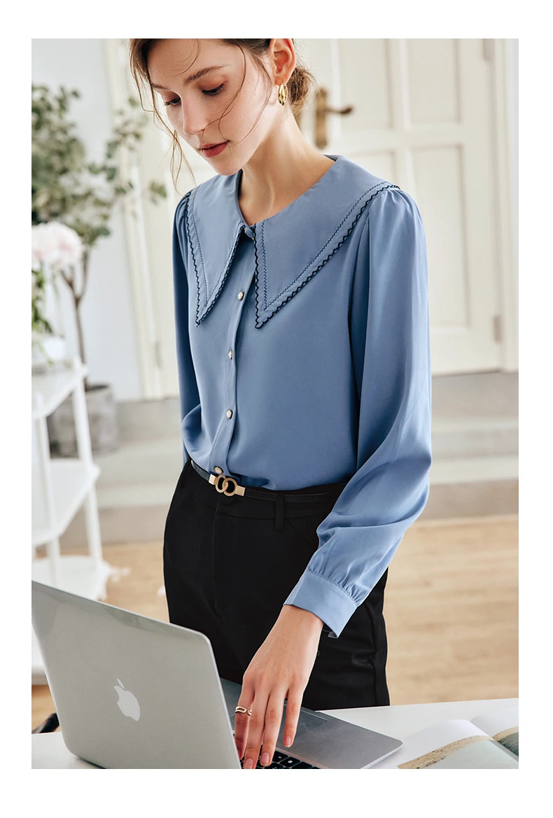 OLrain French Blue Women Shirt 2025 Spring Summer Office Lady Loose Embroidered Lapel Puff Sleeves Elegant Blouses O22QC00812