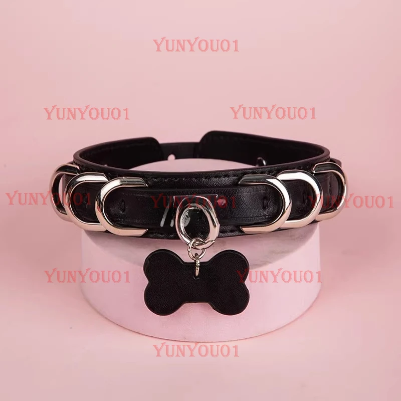 Leather Collar Bell Choker Men and Women M Bone Dog Tag K9 Jewelry Traction Neck Ring