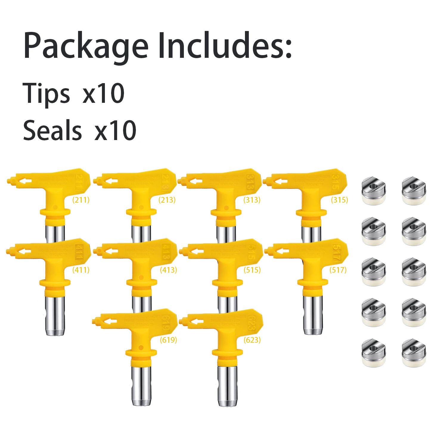 10 yellow quick-change rotatable high-pressure airless spray gun nozzles (211, 213, 313, 315, 411, 413, 517, 515, 619, 623) for