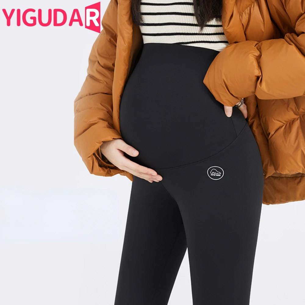 

Warm Maternity Leggings Fleece Plush pregnant women clothing Autumn Winter Supporting Abdomen nine points pregnancy Pants Mom