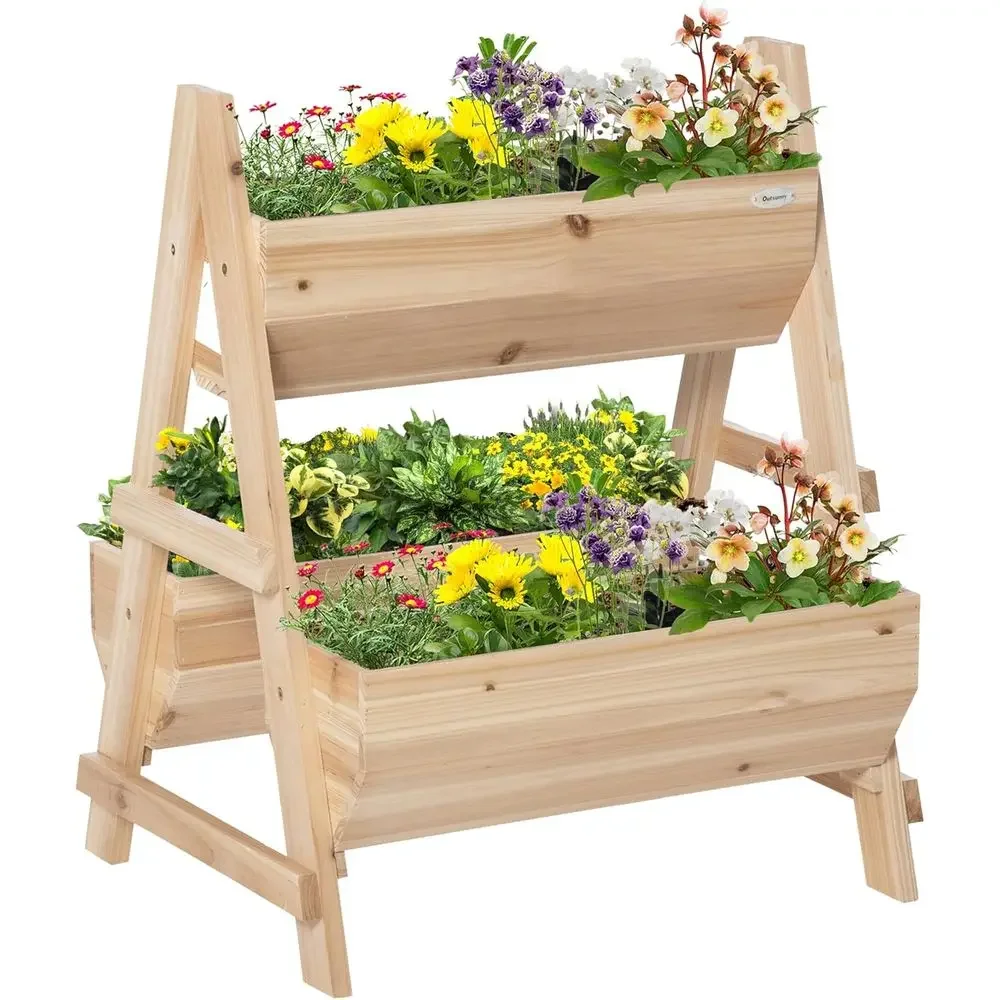 

Outsunny 3-ярусная вертикальная приподнятая грядка, деревянный приподнятый ящик для растений с тканевым вкладышем и дренажными отверстиями, для овощей, трав
