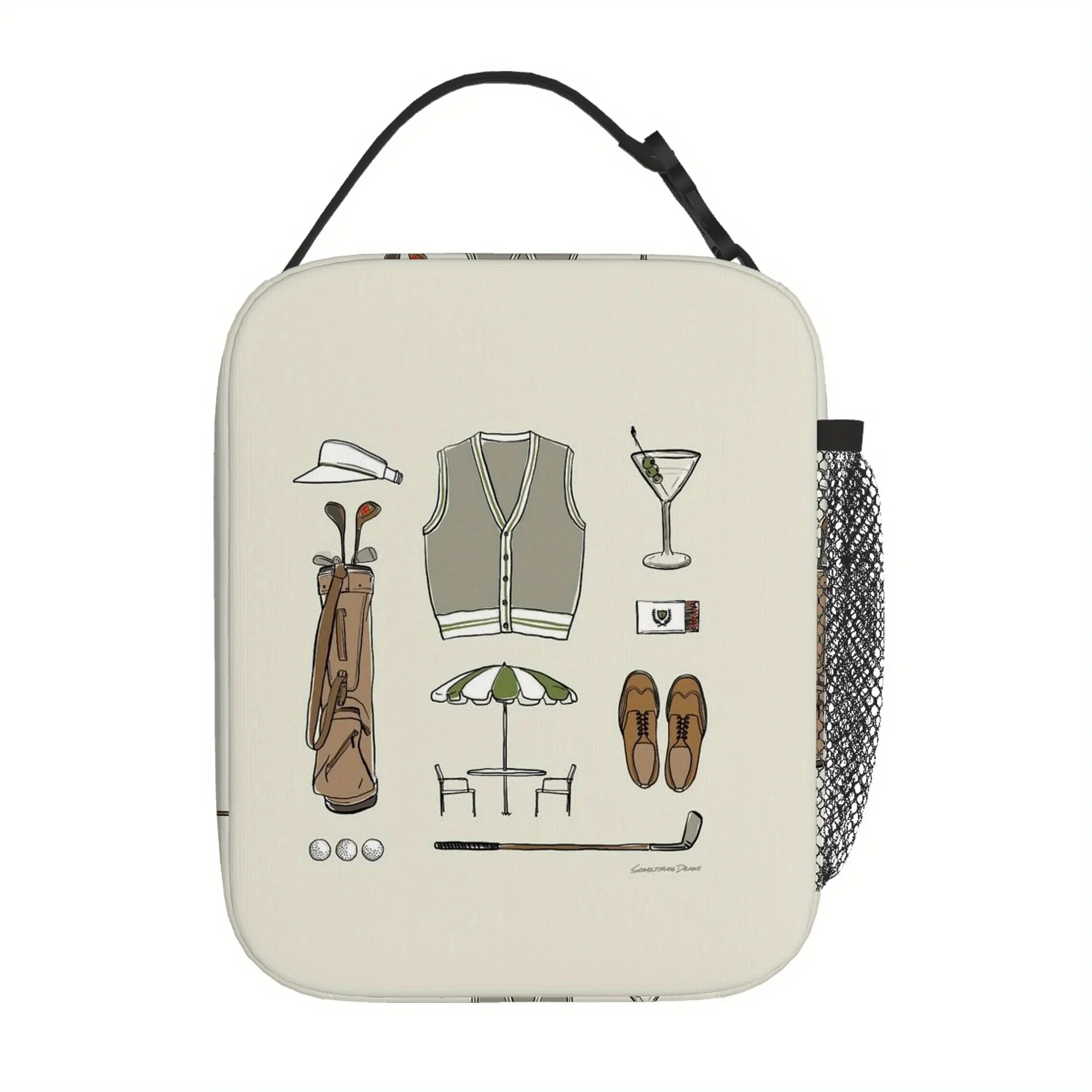 1pc Golf-Themed Insulated Thermal Bag with Golf & Print - & Beige Portable Cooler for Golf Course, Travel, Office - Reusable Uni