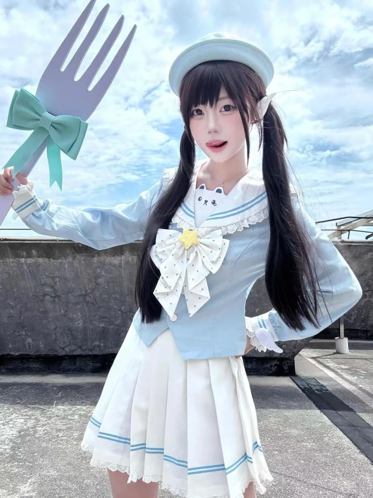 

Осенний новый тонкий матросский костюм в консервативном стиле, женский дизайн, кавайный лук, темно-синий воротник, японские футболки + пышная короткая юбка с высокой талией