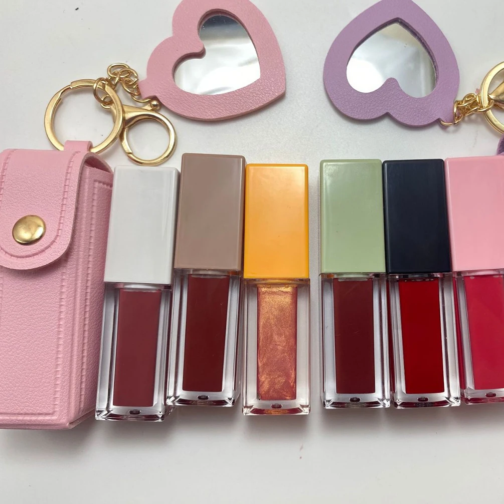 Lucidalabbra/olio per labbra con pendente a specchio in pelle PU Pigmento per etichetta privata Idratante a lunga durata Logo personalizzato Trucco all'ingrosso