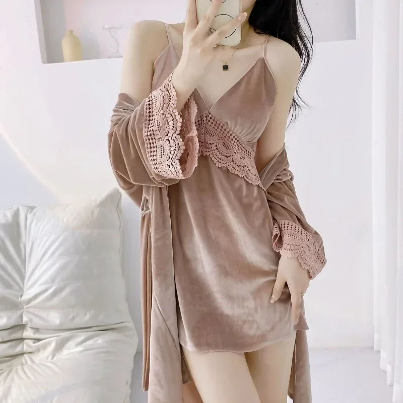 Women's Autumn Winter Lace Loungewear New Sexy Suspended Nightgown Set Beautiful Back Homewear New Nightskirts Velvet Pajamas