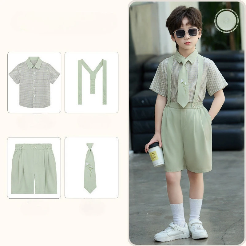 Summer Boys 4pcs Formal Casual Suit Set Plaid Shirt Suspender Shorts with Tie Kids Outfit for Wedding Ring Bearer Party Preppy