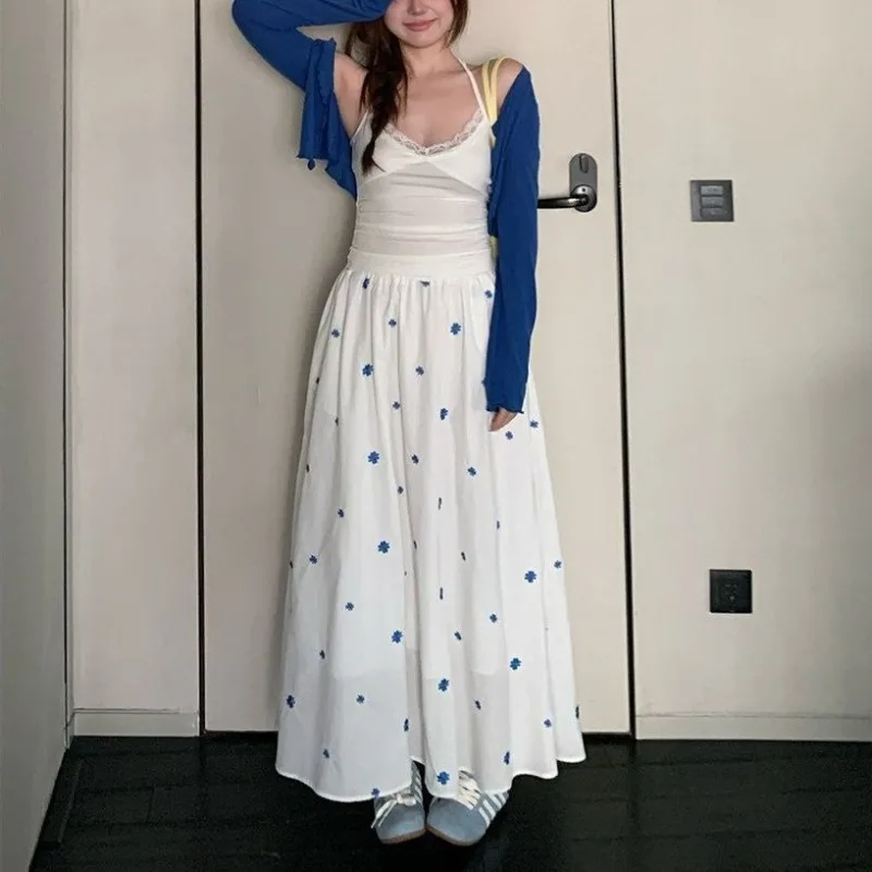 Korean Style Fashion Versatile Embroidered White A-Line Maxi Skirt Summer Vacation Beach Travel High Waist Long Skirts for Women