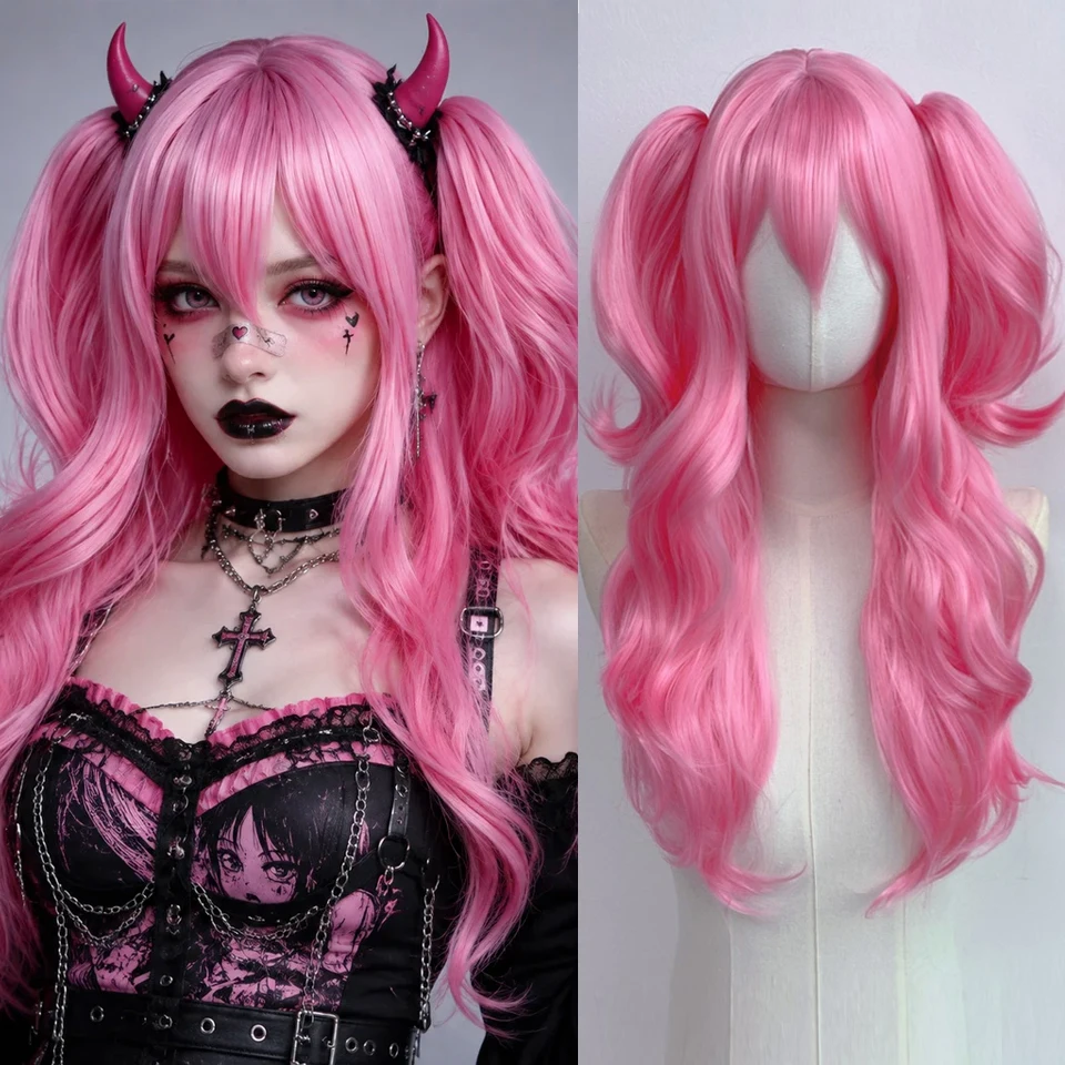 Long Wave Pink Wigs with Two Ponytail Synthetic Halloween Party Lolita Cosplay Wavy Natural Wig For Women Heat Resistant