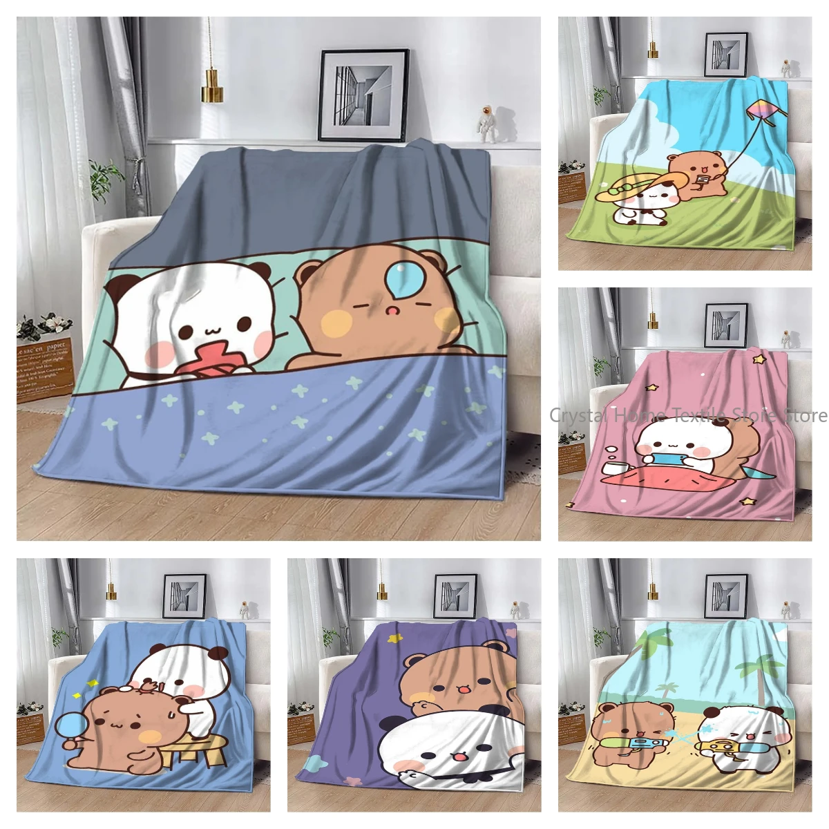 

Cartoon Print Bear and Pa Blanket Cute Bubu Dudu Series Kids Warm Flannel Blanket Soft Comfortable Home Bed Office Travel Sleep