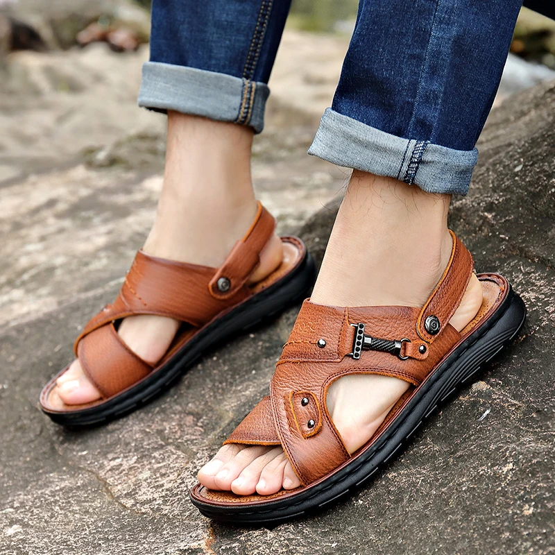 Fashion Men Sandals Genuine Leather Summer Beach Slippers Outdoor Soft Platform shoes men Dual use slippers Plus size 45 46 47