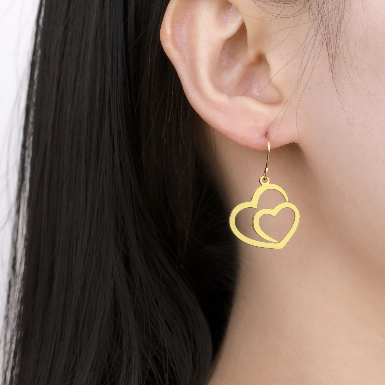 COOLTIME Doppelte Liebesherz-Tropfenohrringe für Damen aus Edelstahl ﻿ Goldfarbene modische Hochzeitsohrringe, Schmuck, hübsches Geschenk – Detail 14