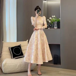 Pink Floral Long Dresses Spring Summer Puff Sleeve Vintage French Style Vestidos Mujer Elegant Sweet Women Dress