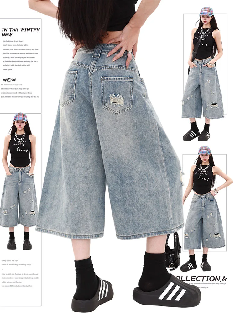 กางเกงยีนส์ทรงตรงขากว้างสไตล์วินเทจอเมริกัน ขาดๆ เซอร์ๆ เอวสูง 7/8 ความยาว ผู้หญิง ฤดูร้อน รุ่นใหม่ ทรงหลวม