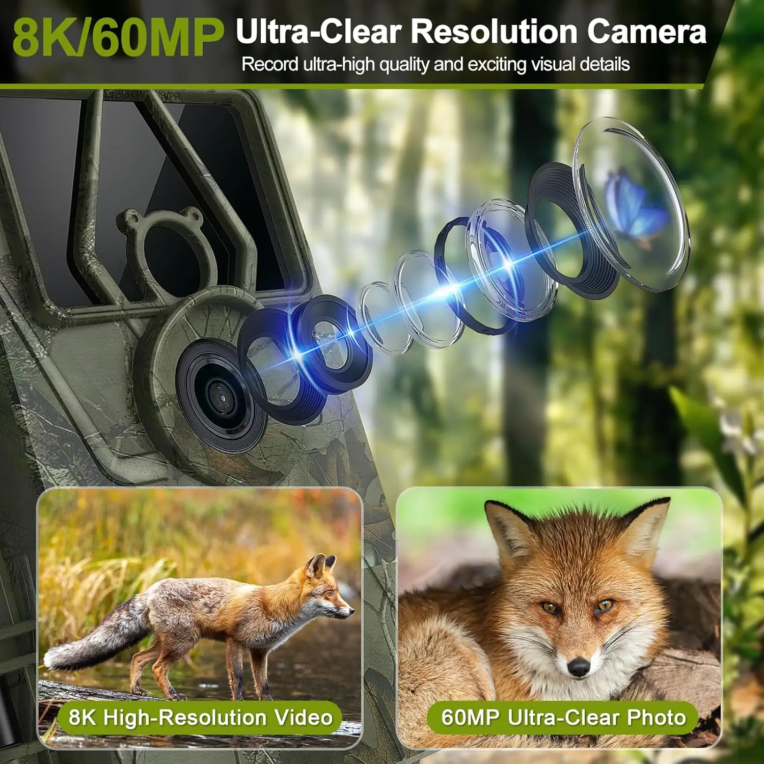 Trail Camera 8K 30FPS, 60MP Bluetooth WiFi Game Camera, APP Control Trail Cam, 120° Detection Angle/Night Vision/0.1S Trigger Mo