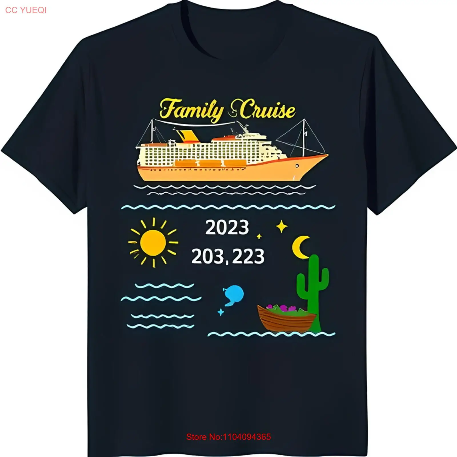 Family Cruise Graphic Tee Blue T-Shirt with Cartoon Ship & 2023 Design