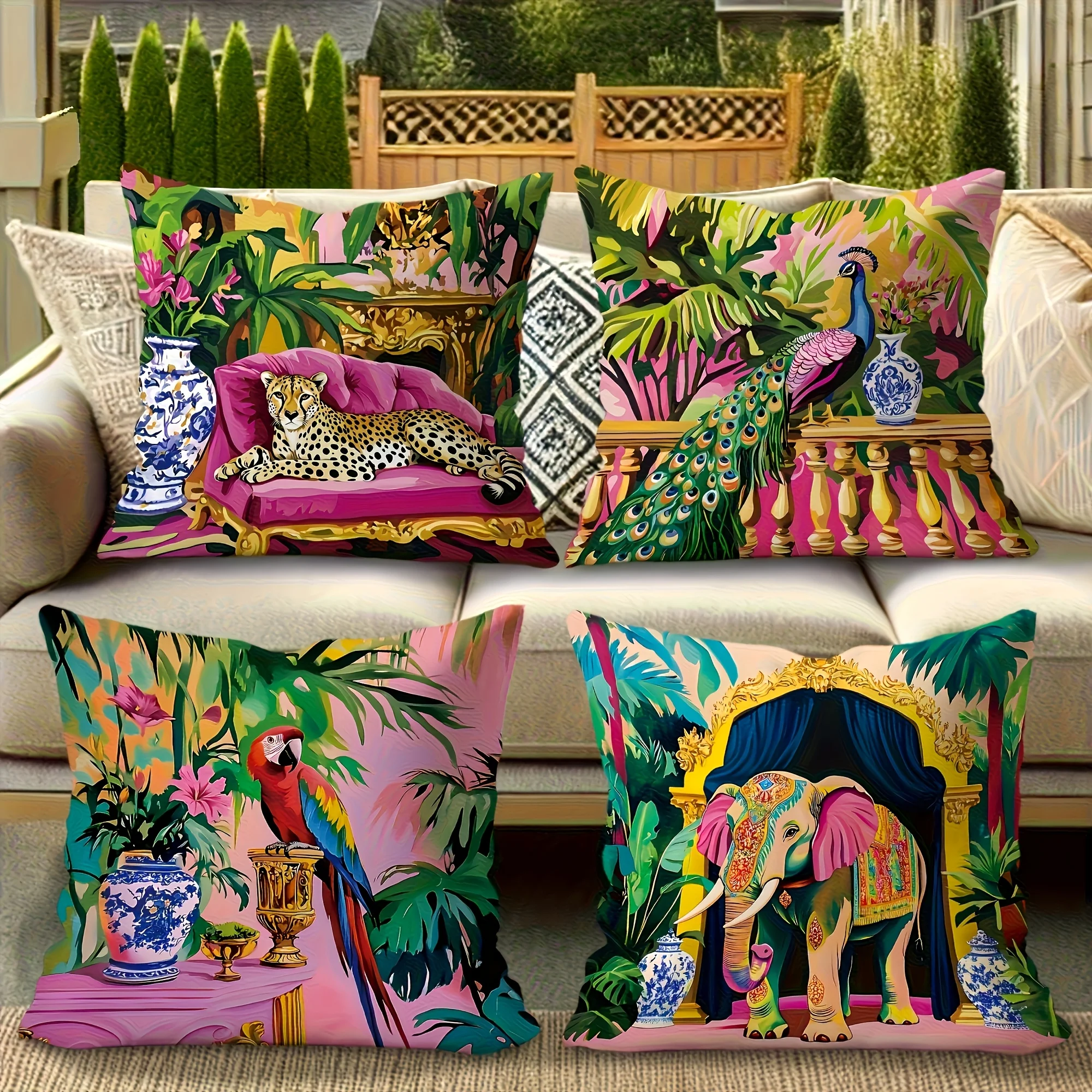 Vibrant Tropical Jungle Cushion Cover Set 4 Pieces Boho Safari Pillow Throw Pillows Decor Elephant Parrot Peacock Luxury Living