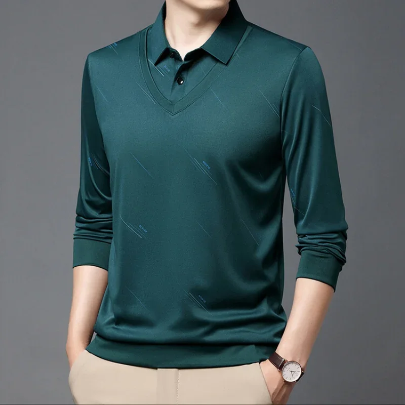 2024 Spring and Autumn New Style Fake Two Piece Printed Polo Shirt Casual Fashion Fake Two Piece Set Long Sleeve T-shirt for Men