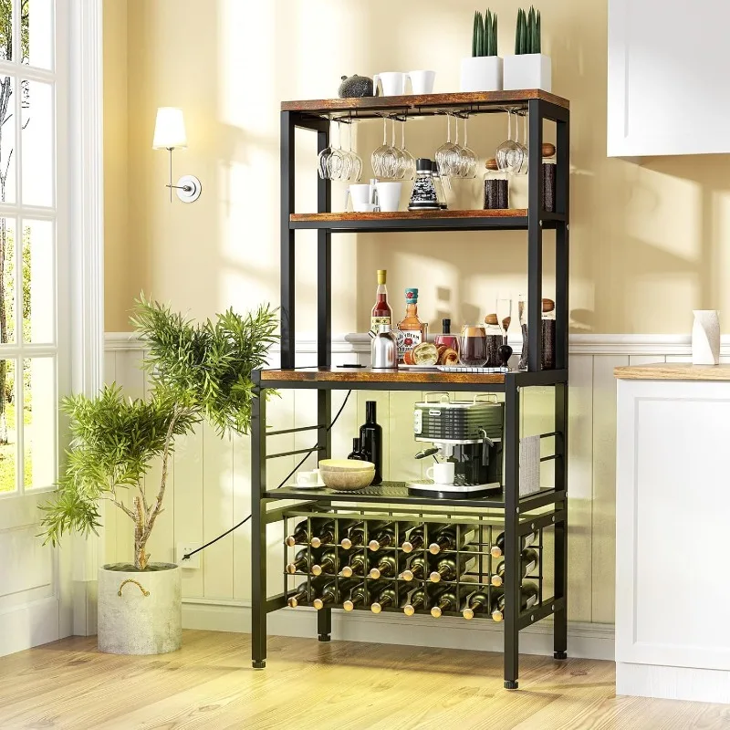 

Industrial Wine Bakers Rack with Power Outlet and LED Strip, Multifunctional Wine Storage Glasses Holder Bottle Shelf, Bar Stand