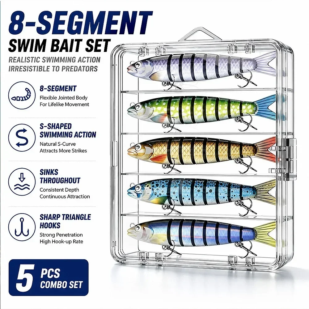 8-Jointed Swimbait 3/5/10 Pack Realistic Slow Sinking Crankbait Woven Joints 3D Eyes for Trout Bass in Rocky River