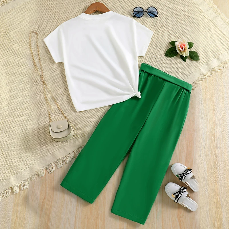 2pcs Girl Fashion Minimalist Cartoon Print Breathable round Neck Knit Top Summer Thin Wide Leg Pants Set image 2