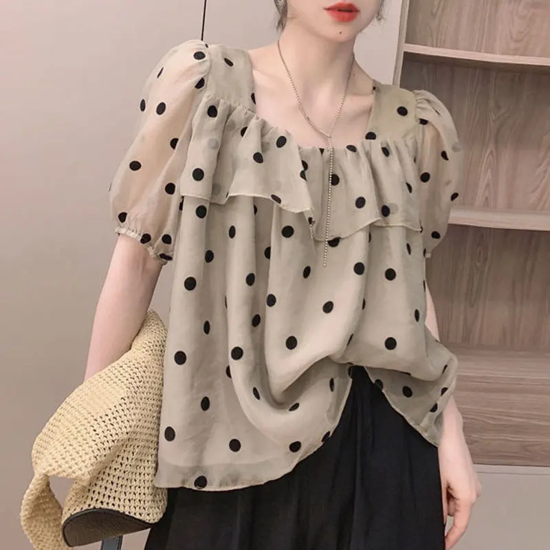 Summer Sweet Polka Dot Printed Shirt Women\'s Elegant Square Collar Ruffles Spliced Loose Casual Puff Sleeve Drawstring Blouse